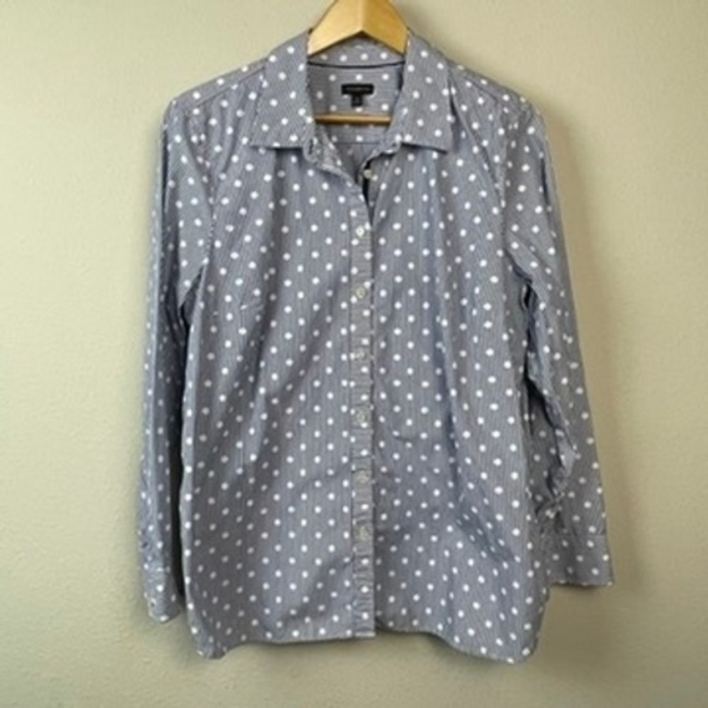 Talbots Button Down Shirt Womens XL Blue White Striped Polka Dot Cotton Classic